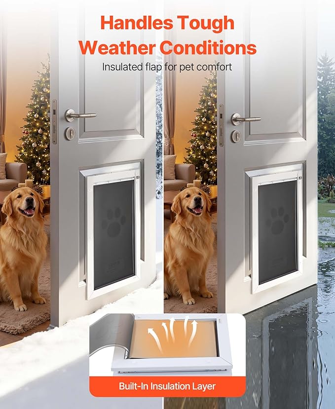 VEVOR Pet Door, X-Large, with Three Magnetic Flaps and Metal Frame, Strong and Weatherproof Dog Door for Interior and Exterior Doors, Easy to Install, Easy in-and-Out Access for Doggies, White