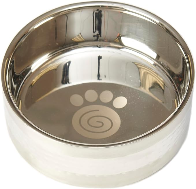 PetRageous 18435 Sanibel Stainless-Steel Hammered Double Walled Dog Bowl 5.9-Inch Width and 2.44-Inch Height 3-Cups Capacity, Metallic
