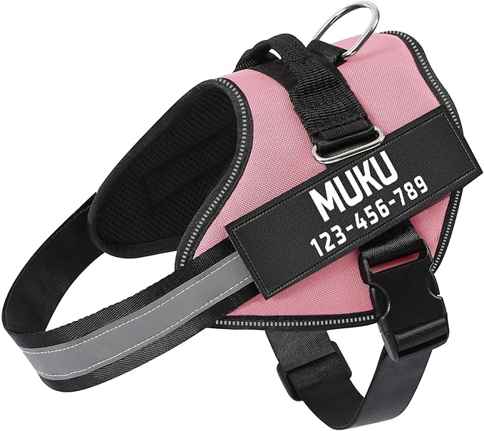 MUMUPET Custom Dog Harness Vest with 2 Personalized Name & Phone Patches, No Pull Reflective Adjustable with Handle, Soft Breathable Padding for Medium Dogs (Pink, M)