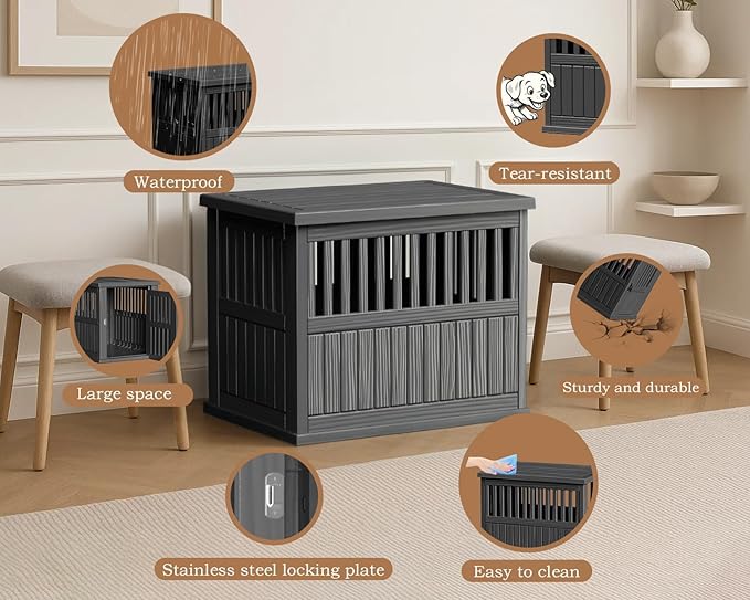 30 INCH Small Dog Crate Furniture Lockable Dog Kennel Indoor Dog Cage Heavy Duty Decorative Plastic Pet Cage End Table for Small/Medium Dogs, Black