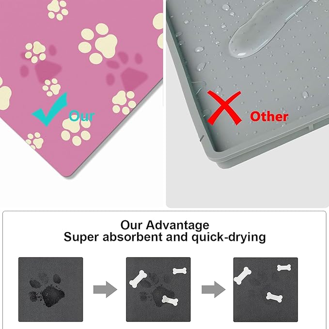 Pet Feeding Mat Dog Cat Food Mat Absorbent No Stains Quick Dry Rubber Bottom Anti-Slip Water Bowl Mats Easy to Clean for Indoor Pet Placemats Water Dispenser Mat