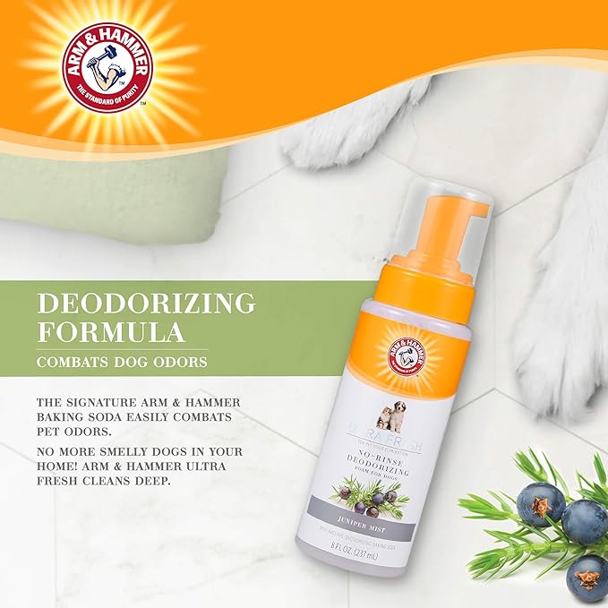 Arm & Hammer Ultra Fresh Waterless Dog Shampoo Foam with Baking Soda Deodorizer for Dogs, No Rinse Odor Control Grooming Foam for Between Baths, Pump Bottle Dog Shampoo, Juniper Mist Scent, 8 Fl Oz