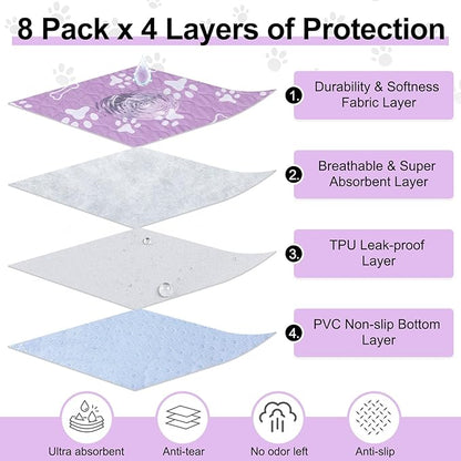 BEAUTYZOO 8 Pack Washable Pee Pads for Dogs, Reusable Puppy Pads for Potty Training, Waterproof Super Absorbent Whelping Pads Mats Non Slip Against Urine for Small Medium Dogs Cats, 18" x 24"