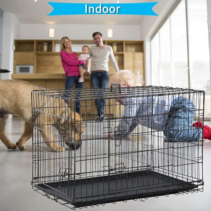 Dog Crate, Folding Portable Outdoor Large Two Door Metal Cat Dog Cage with ABS Tray LC Panel Floor Protecting Feet Wire Animal Pet Dog Kennel with Divider
