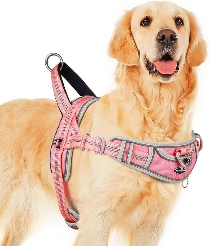 ADVENTUREMORE Medium Dog Harness - No Pull, Adjustable Reflective Vest with Front Clip Handle for Training & Walking - M Pink