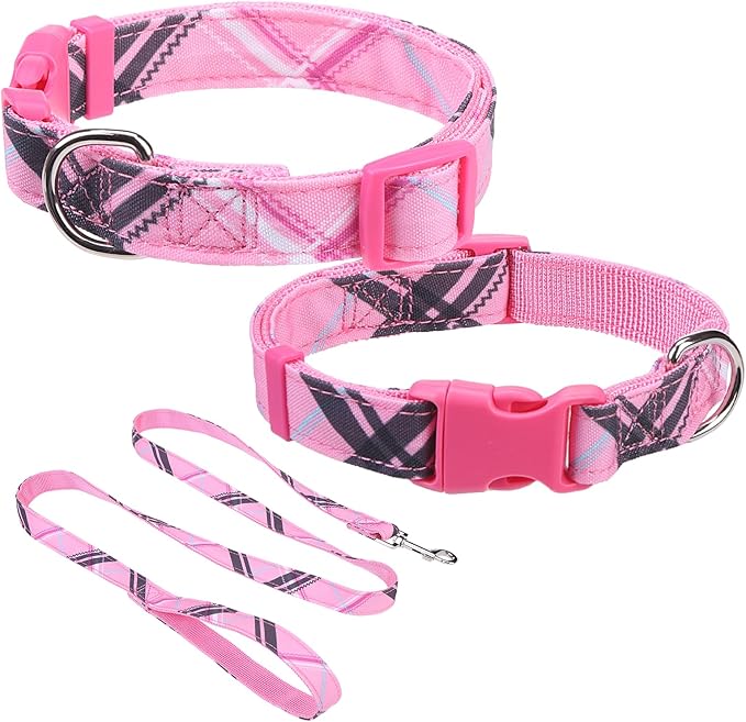 Dog Collar and Leash Set for Medium Dogs, Adjustable Soft Puppy Collar with Quick Release Buckle, 5FT Heavy Duty Nylon Matching Leash for Boy Girl Chihuahua, Yorki, Bulldog, Pink M