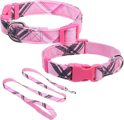 Dog Collar and Leash Set for Small Dogs, Adjustable Soft Puppy Collar with Quick Release Buckle, 5FT Heavy Duty Nylon Matching Leash for Boy Girl Chihuahua, Yorki, Bulldog, Pink S