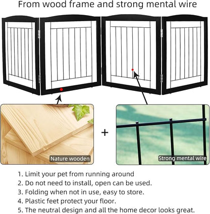 ZJSF Freestanding Foldable Dog Gate for House Extra Wide Wooden Black Indoor Puppy Gate Stairs Dog Gates Doorways Tall Pet Gate 4 Panels Fence