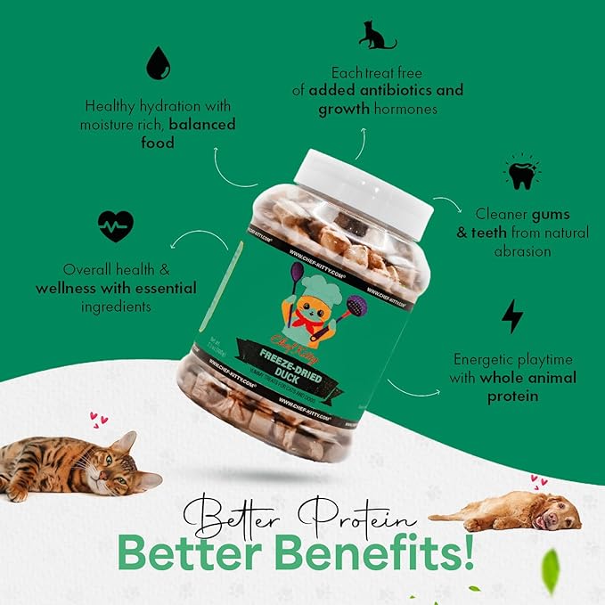 Duck Dog Treats | 100% Human Grade Freeze Dried Cat Treats, Single Ingredient | High Protein Cat & Dog Food Toppers | No Additives or Preservatives | Inspected & Tested in USA | 3.0 oz