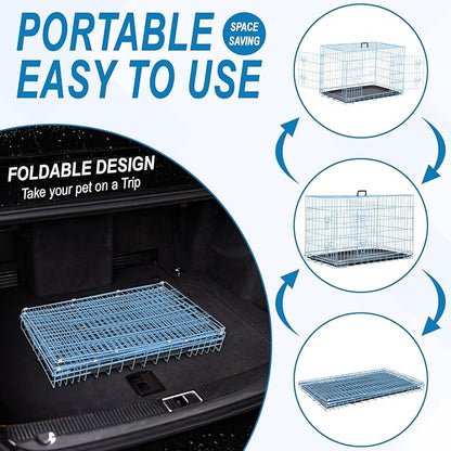 42 Inch Large Dog Crate Dog Kennel Pet Cage Metal Wire Crates Pet Cages Double-Door Folding Kennels with Handle Leak-Proof Pan Tray,Blue