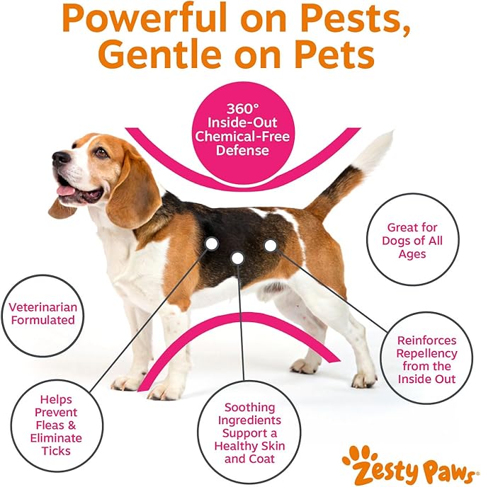 Zesty Paws Flea and Tick Prevention for Dogs Chewable - Prevention, Protection & Repellent - Dog Supplement to Kill & Control Fleas & Ticks - with Garlic, Thyme, Rosemary & Lemon Balm Extract - 90 Ct