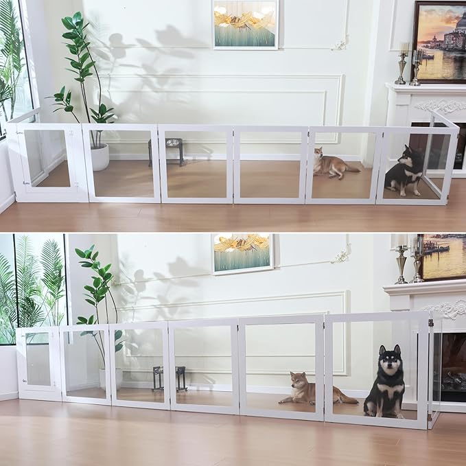 Heavy Duty Clear Acrylic Dog Playpen, 32" Height Transparent Pet Pen, Metal Frame Easy Assemble Kennel Enclosure, Ideal for Small to Medium Dogs, Cats, and Other Small Pets (White, 6 Panels with door)