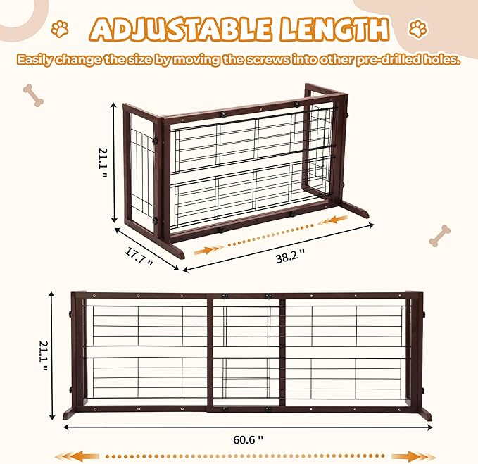 COZIWOW 38-67" Dog Gate Indoor, Free Standing Pet Gate for Doorways Extra Wide, Wooden Fence Puppy Safety Gates for The House, Stairs, Hallway, No Drilling Required,Brown