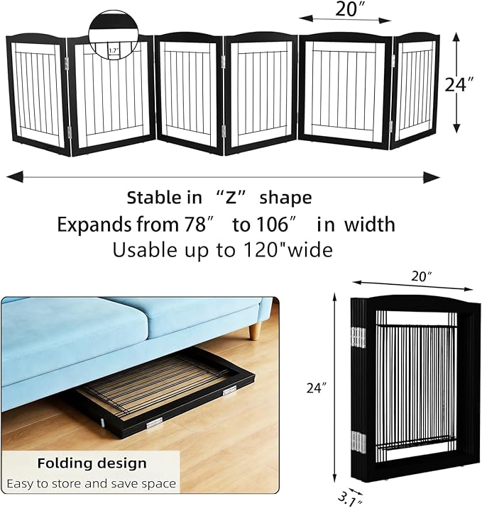 ZJSF Freestanding Foldable Dog Gate for House Extra Wide Wooden Black Indoor Puppy Gate Stairs Dog Gates Doorways Tall Pet Gate 6 Panels Fence