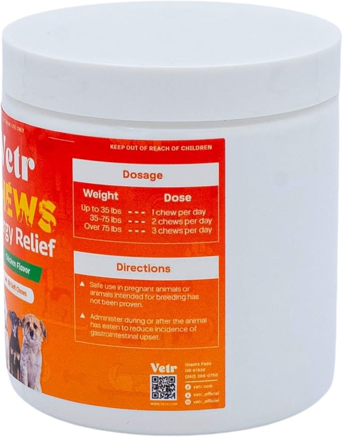 Vetr Allergy Relief Chews for Dogs - Dog Itching Skin Relief, Dog Allergy Treats with Probiotics and Omega-3 - Chicken Flavored 60 Count - Vet-Formulated in USA