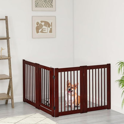 Giantex Dog Gate with Door - 30''H × 80''W Wooden Pet Gate with Walk Through Door, Foldable Freestanding 4 Panels Pet Safety Fence Extra Wide for Doorway Stairs House Deck Yard, Dark Cherry Brown