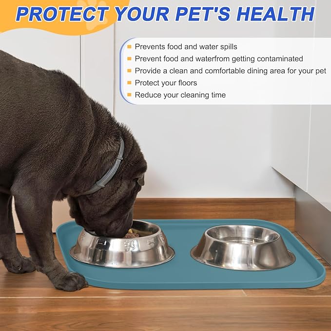 SMILOOL Silicone Pet Feeding Mat with Raised Edge for Food and Water, Dog Bowl Mats, Cat Bowls Placemat with High Lip for Floor Waterproof, Rubber Tray for Cats and Dogs 19 x 12 x0.7 Slate Blue