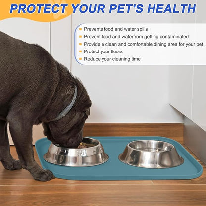 SMILOOL Silicone Pet Feeding Mat with Raised Edge for Food and Water, Dog Bowl Mats, Cat Bowls Placemat with High Lip for Floor Waterproof, Rubber Tray for Cats and Dogs 19 x 12 x0.7 Slate Blue