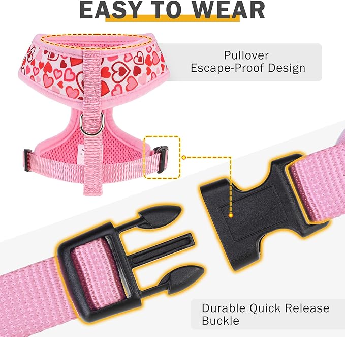 SCENEREAL Valentines Dog Harness Collar and Leash Set for Small Dogs, Soft Mesh Harnesses，Pet Vest for Outdoor Walking Training and Running, XS