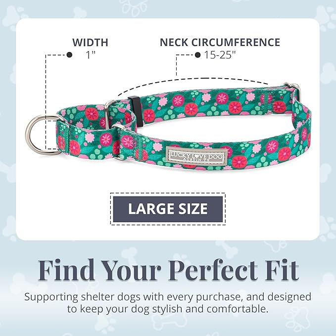 Lucky Love Dog Martingale Dog Collar - Adjustable, No-Slip, Durable, & Soft Webbing Collar for Male and Female Dogs Ideal for Training & Walking - Penny, Large