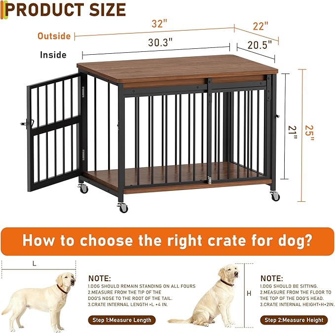 Cofiyard Dog Crate Furniture, 32’’ Wooden Dog Kennel Indoor with Sliding Front Door, Multi-Side Openings & Feeding Window Pet Cage House as TV Stand, End Table for Medium Dogs
