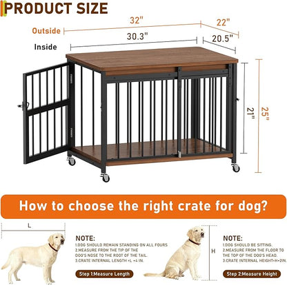 Cofiyard Dog Crate Furniture, 32’’ Wooden Dog Kennel Indoor with Sliding Front Door, Multi-Side Openings & Feeding Window Pet Cage House as TV Stand, End Table for Medium Dogs