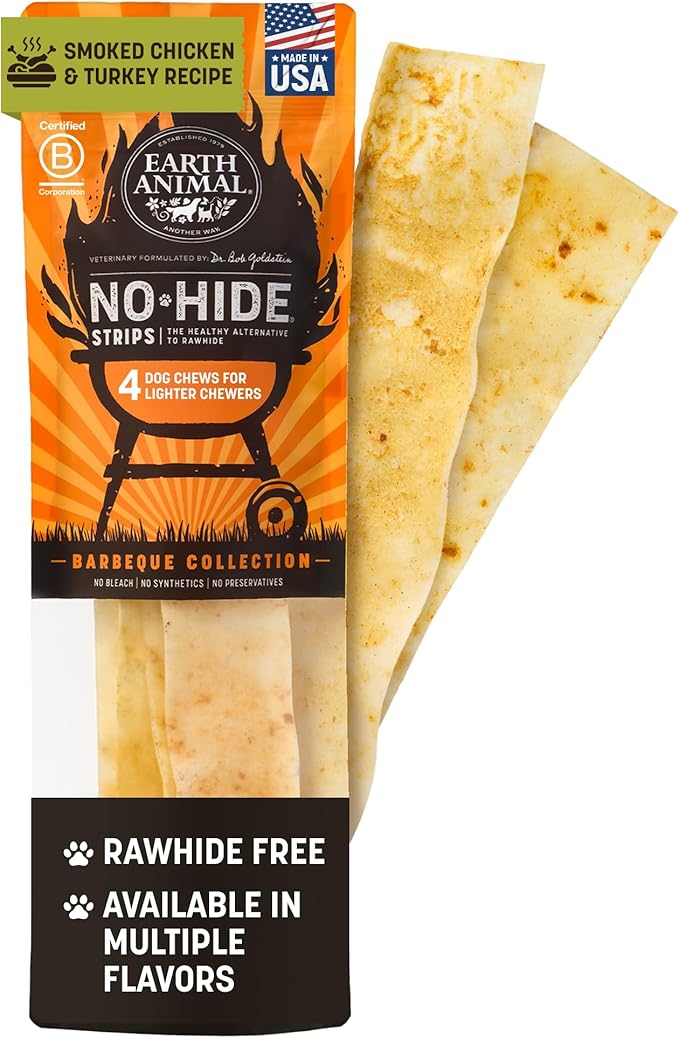 Earth Animal No Hide Strips - Natural Rawhide Free Dog Chew Strips, Barbeque Smoked Chicken & Turkey - 4 Count
