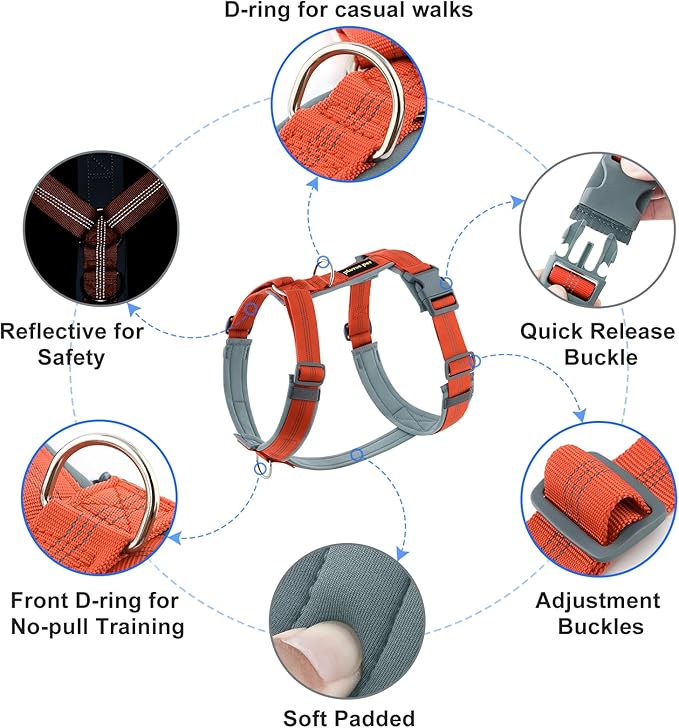 PLUTUS PET No Pull Dog Harness, Adjustable Nylon Harness with Soft Padding, Reflective, Heavy Duty for Large Dogs (Orange, L)