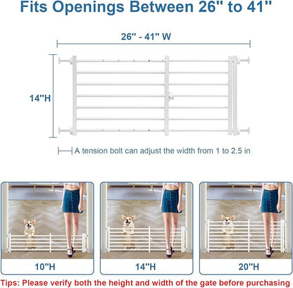 Malier Indoor Dog Gate with Door, 26-41" Extra Wide Full Metal Pet Gate Short Dog Gate for Stairs, Pressure Mount 14'' Tall Small Puppy Low Gate Easy Step Over for Doorways