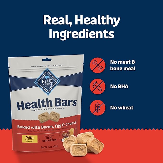 Blue Buffalo Health Bars Mini Crunchy Dog Biscuits,Oven-Baked with Natural Ingredients,Bacon,Egg & Cheese,16-oz Bag,(Pack of 2)
