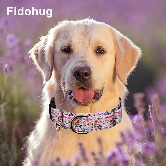 Reflective Martingale Collar with Quick Release Buckle Anti Pulling Girl Female Dog Collars (Pink Flowers Plants, Medium)