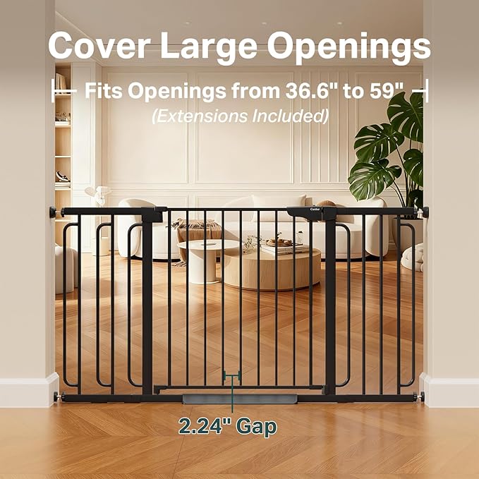 Cumbor 36.6-59" Extra Wide Baby Gate for Stairs, Pressure Mounted Dog Gate for Doorways, Auto-Close Easy Walk Through Safety Child Gate for Kids Toddler, Tall Pet Gates Indoor, Black