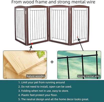 ZJSF Freestanding Foldable Dog Gate for House Extra Wide Wooden Brown Puppy Gate Stairs Dog Gates Doorways Tall Pet Gate 32 "Height 4 Panels Pet Fence