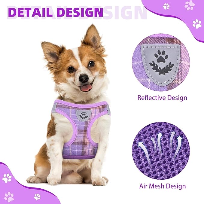 KOOLTAIL Dog Harness for Small Medium Dogs,Dog Harness and Leash Set, Step in No Pull Soft Mesh Padded Adjustable and Reflective Pet Vest Harness Puppy, Plaid Extra Harness for XS S Dogs, Purple S