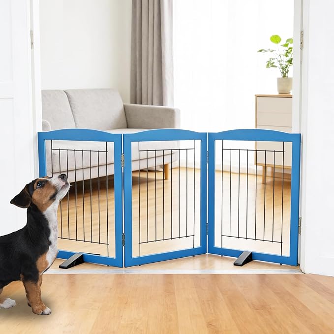 ZJSF Freestanding Dog Fence Indoor, Foldable Dog Gate for Doorways, Stairs or Hallways, Sturdy Wood Extra Wide Pet Gate with Support Feet for The House, Blue, 24 "Height-3 Panels