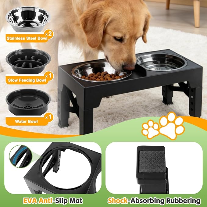 MECHEER 4-in-1 Dog Bowl Elevated Stand with Slow Feeder & Spill-Proof Water Bowl, 5-Height Adjustable Raised Dog Bowl for Large, Medium, and Small Dogs, Non-Slip Base Dog Feeding Station