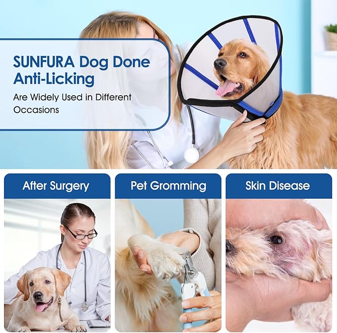 SUNFURA Dog Cone, Soft Dog Cones for Large Breeds After Surgery, Comfortable Pet Recovery Collar to Stop Licking, Adjustable E-Collar Alternative for Wound Healing, Blue L