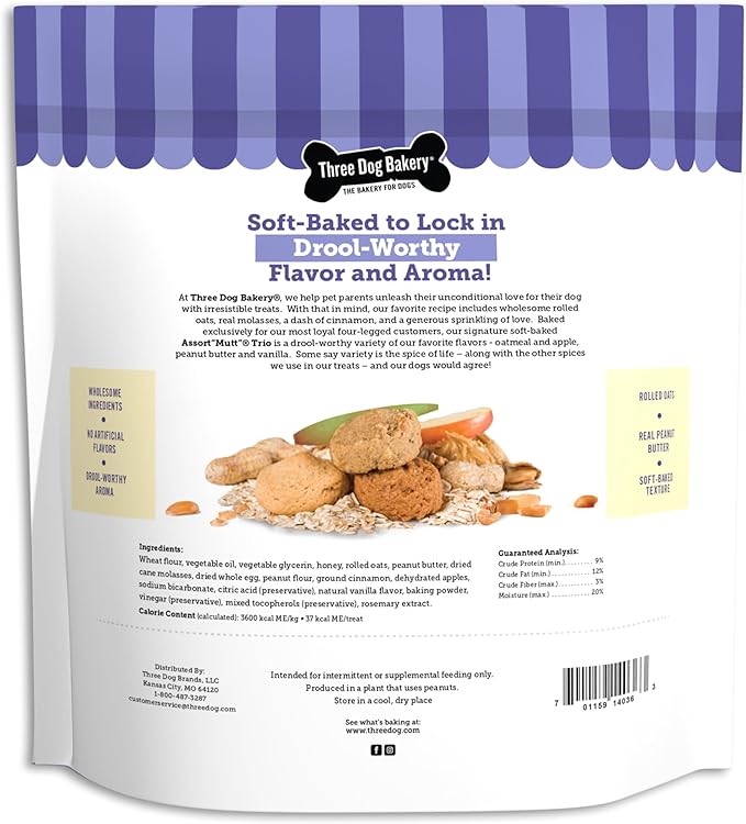 Three Dog Bakery Assort Mutt Trio, 48oz – Delicious Dog Treats with Oats, Apple, Peanut Butter & Vanilla, Premium Dog Training Treats, Puppy Treats