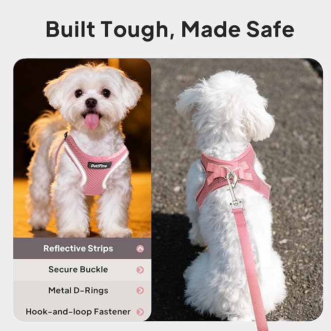 PetiFine Step in Small Dog Harness and Leash Set, Breathable All Weather Air Mesh Reflective Escape Proof, Step-in Vest Harnesses for Puppy(S, Pink)