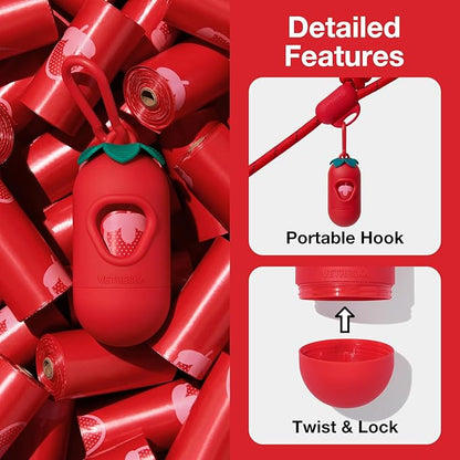 VETRESKA Dog Poop Bag Dispenser with Strawberry Scented Bags, Leak Proof, Extra Thick and Large Pet Waste Bags,1 Count Bag Holder and 105 Bags (7 Refill Rolls) for Walking Dog and Cats Litter, Red