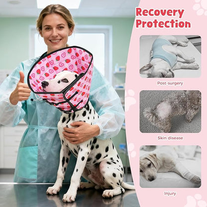 Avont Dog Cone Alternative, Adjustable Soft Comfy Foldable E Cones for Medium Large Dogs After Surgery, Escape-Proof Elizabethan Collar for Surgical Wound Recovery Stop Licking -Strawberry(M)