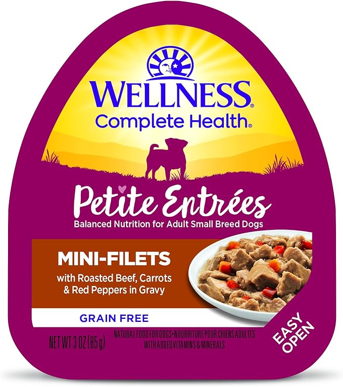 Wellness Petite Entrees Mini Filets Small Breed Adult Wet Dog Food, Grain Free, Natural, Roasted Chicken, Beef, Carrots, and Green Beans, 3 oz, Pack of 12 Cups