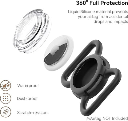 Waterproof Airtag Dog Collar Holder, Silicone & ABS Airtag Holder for Dog & Cat Collars, Ultra-Durable, Lightweight and Protective Airtag Case (Black & Black, Large)
