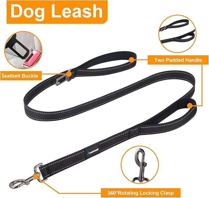 Annchwool No Pull Dog Harness,Heavy Duty Reflective Collar & Leash Set-Leash with Double Handle & Car Seatbelt Clip-Easy Control for Walking Training Medium Large Size Dogs(Black,L)