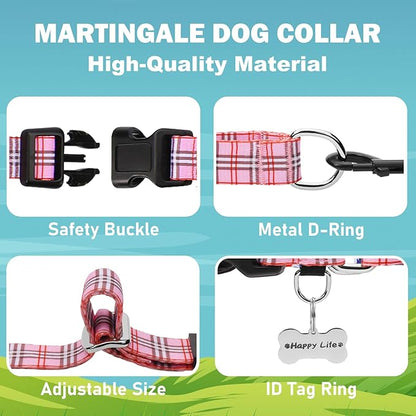 Martingale Collar with Quick Release Buckle Cute Girl Female Training Dog Collars (Pink Plaid, Large)