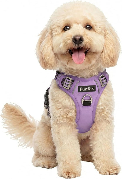 Funfox Dog Harness No Pull, Adjustable Pet Vest Harness, Super Soft Material with Vertical Handle Easy Control, Reflective Night Walking, 2 Leash Clips for Small Sized Dogs, Purple, S