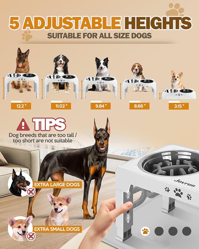 Jovrun Elevated Dog Bowls for Medium Size Dogs with Mat, Non-Slip Dog Feeder with 1*Stainless Steel Dishes & 1*Slow Feeder Bowl, 5 Heights Adjustable Raised Bowls for 3.15″-8.66″-9.84″-11.02″-12.2″