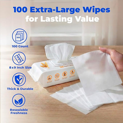 Best Pet Supplies 8" x 9" Large Unscented Dog Wipes - Cleaning and Deodorizing for Paws and Coat - Gentle Formula with Oatmeal Vitamin E for Puppies and Cats - 100 Count