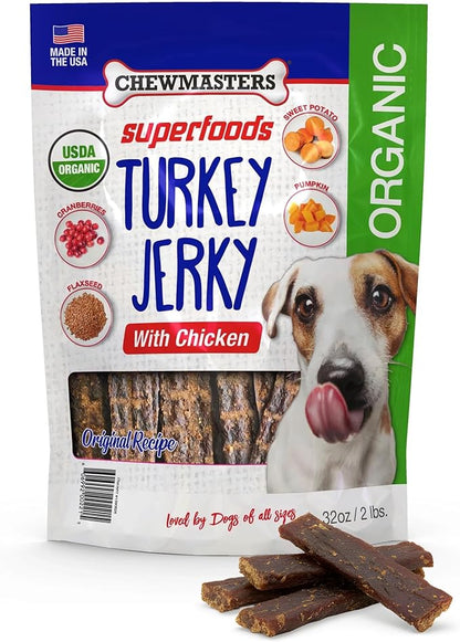 Chewmasters Organic Turkey Jerky with Chicken Dog Treat for All Life Stages - Fresh and Healthy Turkey Dog Treats - High Protein, Real Meat Snack, Grain Free, by-Product Free - USA Made, 2lb