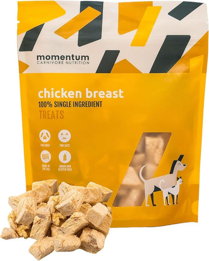 Momentum Carnivore Nutrition Freeze-Dried Chicken Breast Dog Treats & Cat Treats – Single-Ingredient, High-Protein, Grain-Free, Lean & Easily Digestible – Made in USA – 3 oz Bag